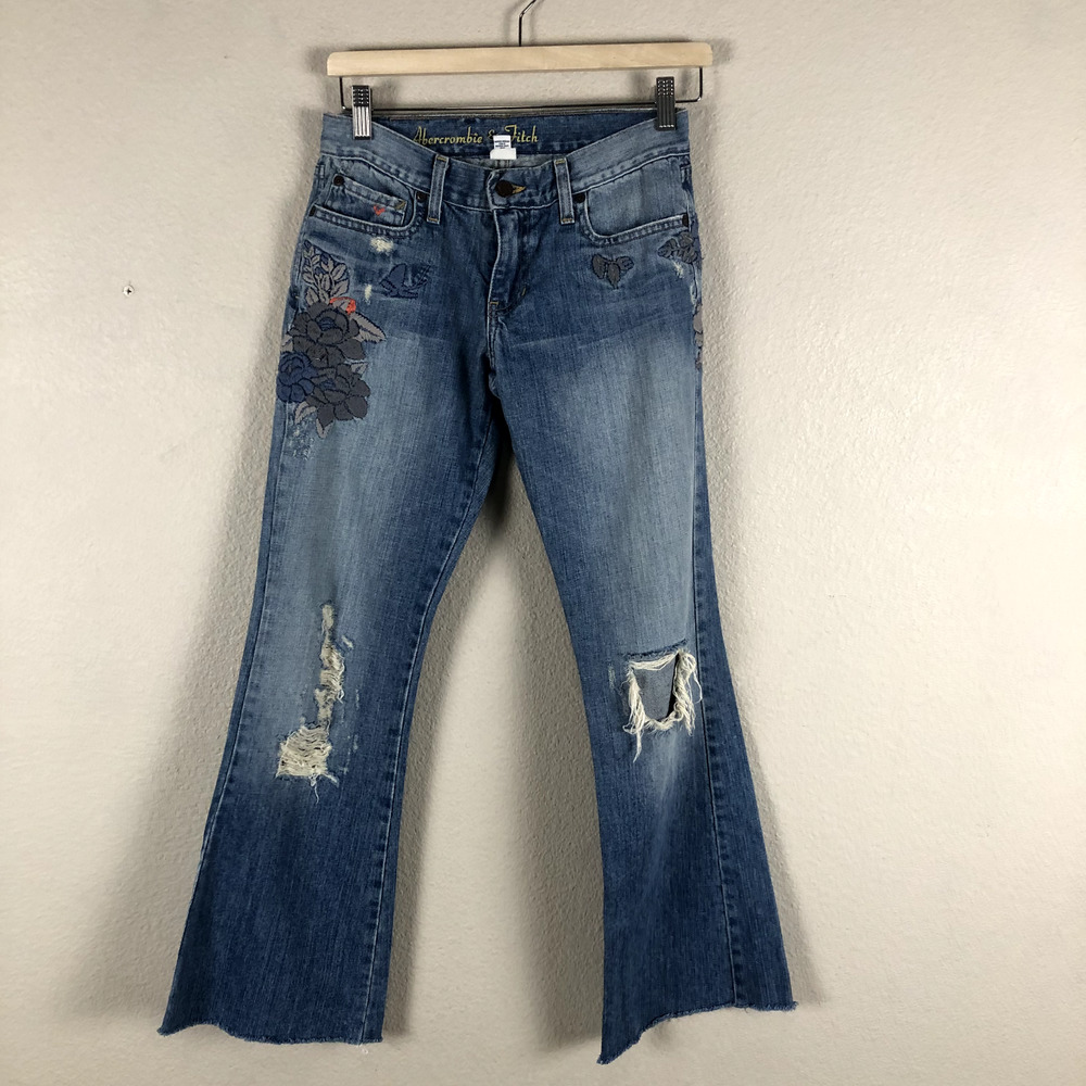 Abercrombie & Fitch Jeans Womens 4 Blue Embroidered Distressed Flare Made USA